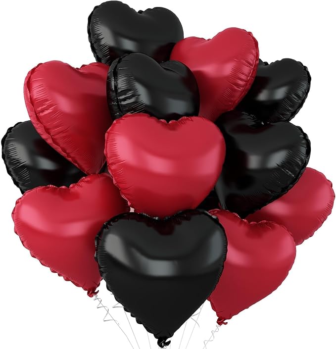 Black Red Heart Balloons,12Pcs 18Inch Black Metallic Red Heart Shaped Foil Balloons for Birthday Valentine's Day Anniversary Wedding Engagement Party Decorations
