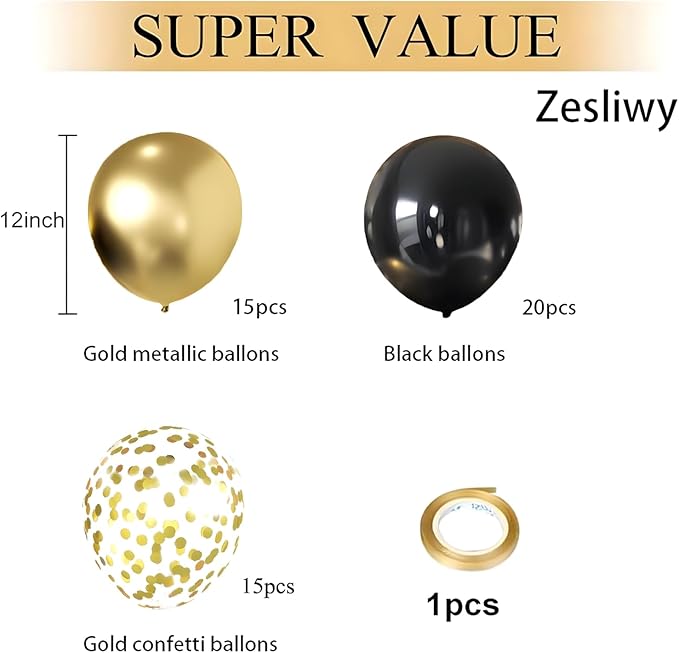 Black and Gold Confetti Balloons, 50 Pack Gold Metallic and Black Latex Balloons for Birthday Graduation Annivesary New Year Party Decorations.