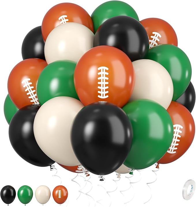 12 Inch Football Printed Party Balloons - Dark Green, Black, Beige - Boys Sports Birthday Party Decorations