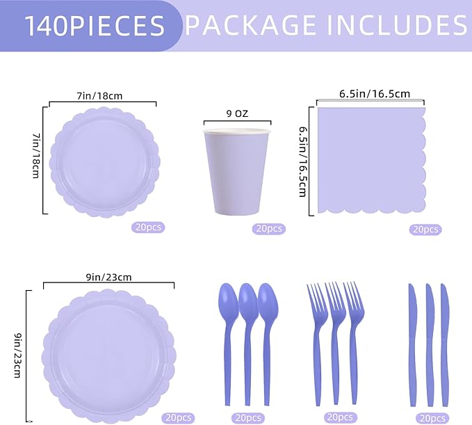 140 Pcs Lavender Paper Plates and Napkins, Light Purple Party Supplies Include Scalloped Lavender Plates Napkin Cup Plastic Cutlery for Garden Party, Baby Shower, Wedding, Birthday