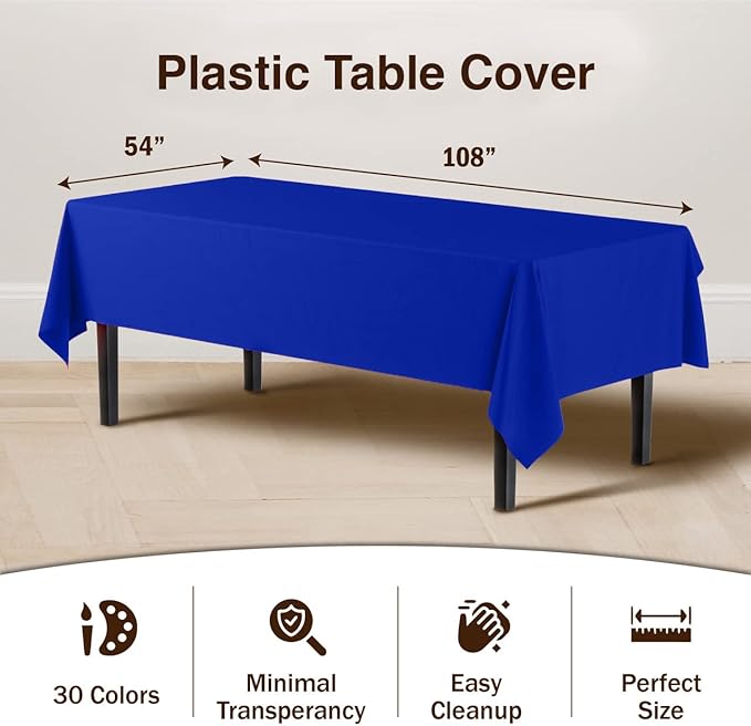 Party Solids 6-Pack Premium Plastic Tablecloth 54in. x 108in. Rectangle Plastic Table Cover - Blue