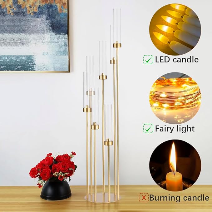 Acrylic Candelabra Centerpieces for Wedding,7 Arm Floor Candelabra with Lampshades Gold Centerpieces for Table Halloween Christmas Ceremony Dinner Party candelabros para centros de mesa(1PCS)