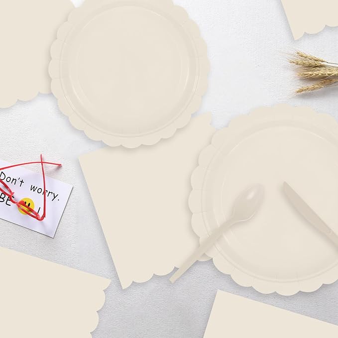 140Pcs Ivory Plates and Napkins, Beige Party Supplies Include Scalloped Cream Paper Plates Napkins Cups Thanksgiving Plate Set for Birthday, Wedding, Bridal&Baby Shower (Ivory white)