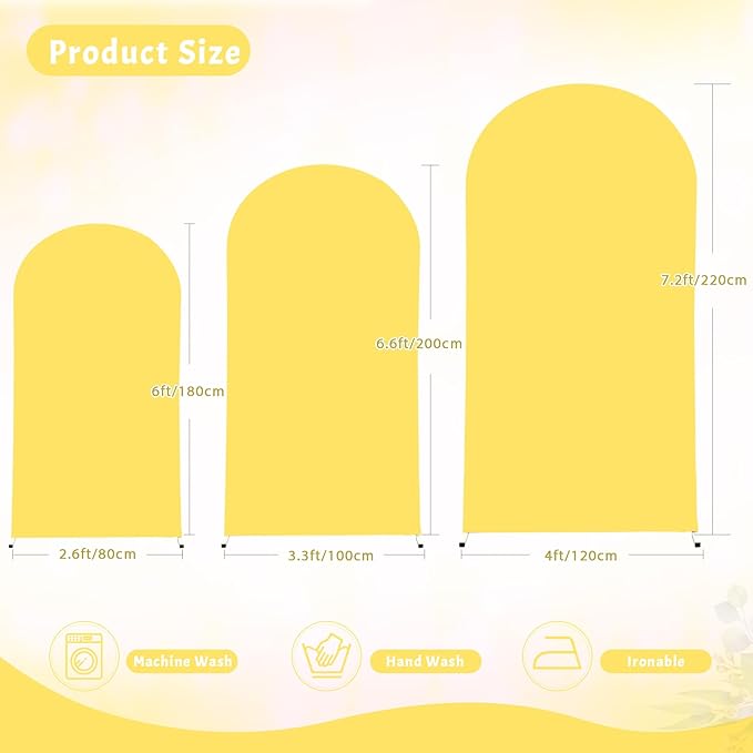 (7.2FT, 6.6FT, 6FT) Wedding Arch Cover Set of 3 Yellow Spandex Fitted Arch Cover for Round Top Chiara Backdrop Stand Covers for Birthday Party Banquet Photo Background Decoration