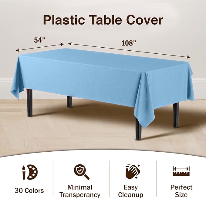 Party Solids 6-Pack Premium Plastic Tablecloth 54in. x 108in. Rectangle Plastic Table Cover - Light Blue