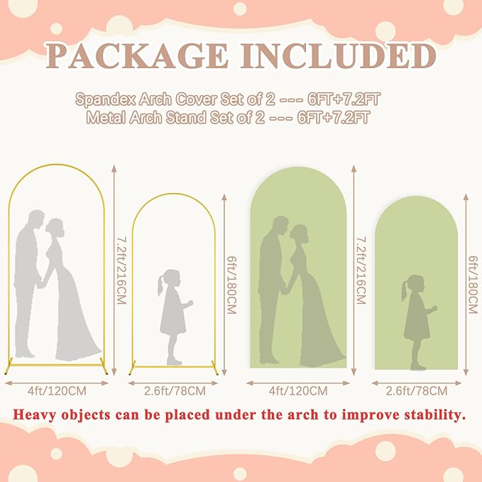Metal Arch Backdrop Stand and Cover Set 7.2FT & 6FT Wedding Arch Stand Backdrops with Arch Stand Covers Sage Green Backdrop Cover for Arched Frame Stands for Birthday Party Holiday Decor