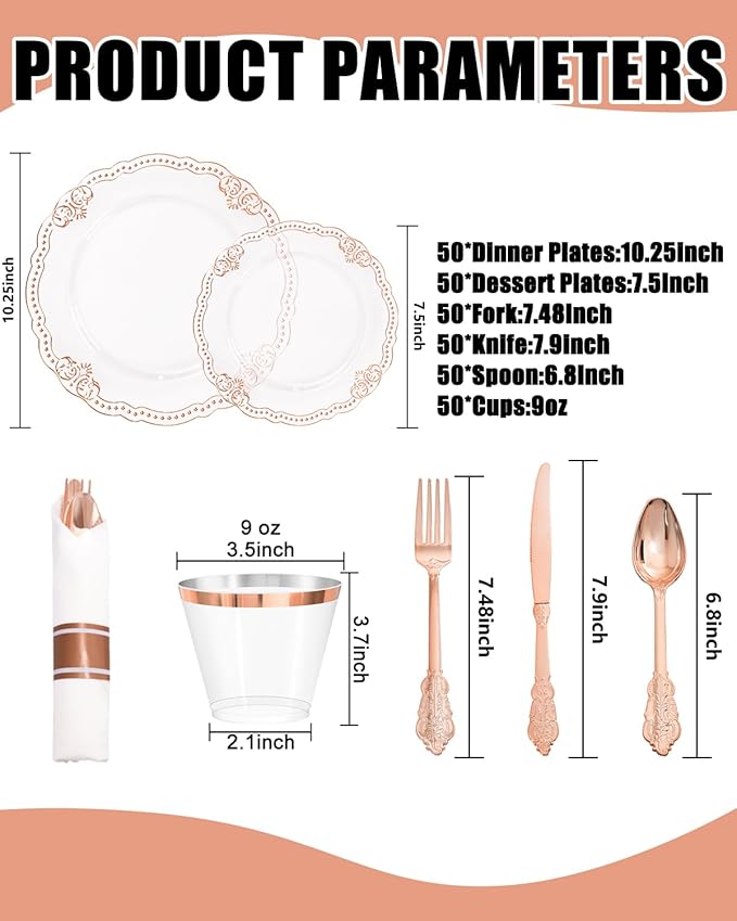 Ciaell 350 PCS Rose Gold Plastic Plates - Rose Gold Disposable Plates Dinnerware Include 50 Disposable Plate, 50 Heavy Duty Silverware, 50 Cups, 50 Napkins for Wedding & Party & Anniversary