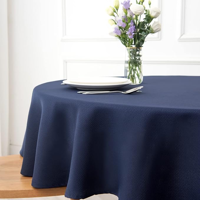 maxmill Round Textured Tablecloth Spill-Proof Wrinkle Free Soft Jacquard Table Cloth for Circular Table Cover, for Dining Room Buffet Banquet Parties Holiday Dinner, 70 Inch Navy Blue
