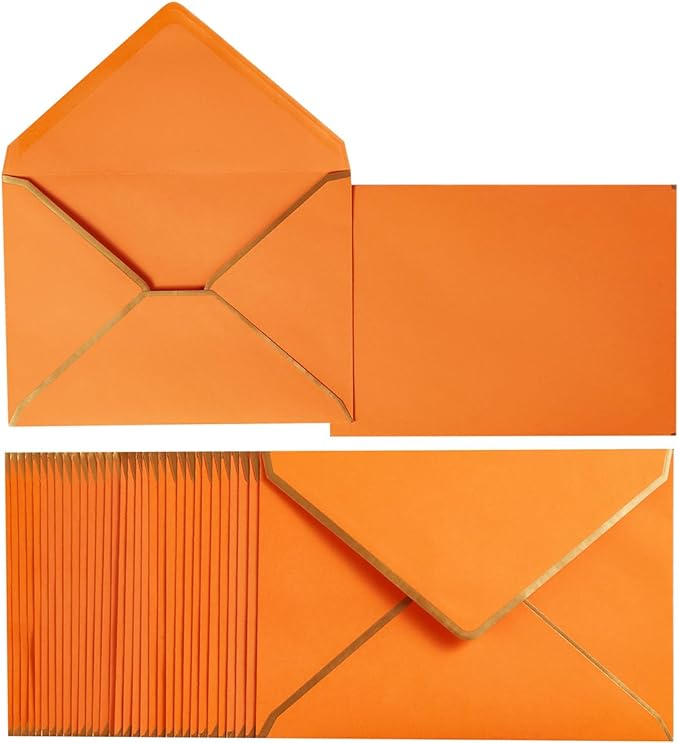100 Pack A7 Envelopes 5 x 7 Card Envelopes V Flap with Gold Border for Office, Wedding Gift Cards, Invitations, Graduation, Baby Shower, Parties (Dark Orange, 5.32 x 7.28 Inches)