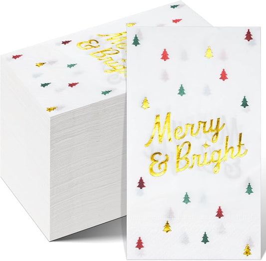 100 Pcs Christmas Tree Paper Napkins Disposable, Merry Bright Red Green Gold Foil Cocktail Napkins, Xmas Holiday Party Guest Dinner Napkin Hand Towels for Christmas Winter Party Supplies, 4.3x7.9 Inch