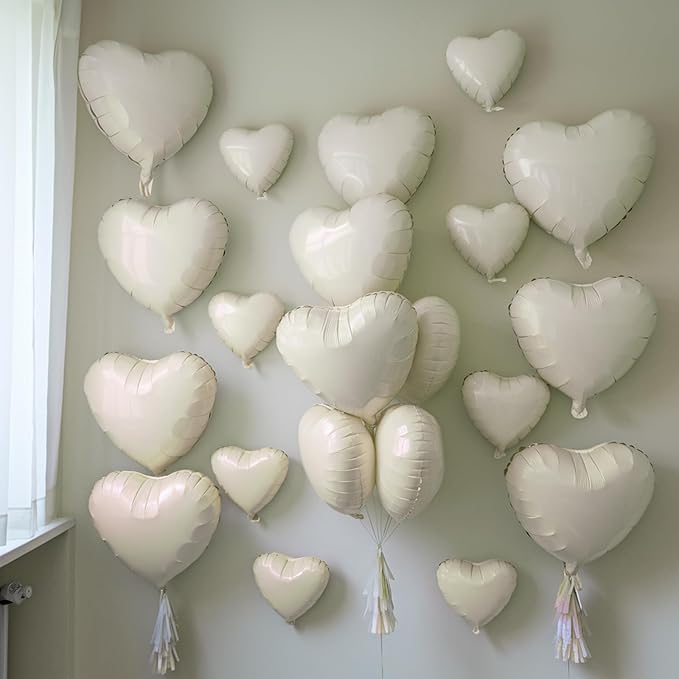 Cream Heart Balloons, 19PCS Cream White Heart Shape Balloons, 18Inch with 10Inch Nude Neutral Helium Foil Balloon Love Balloon for Birthday White Wedding Valentines Anniversary Decorations