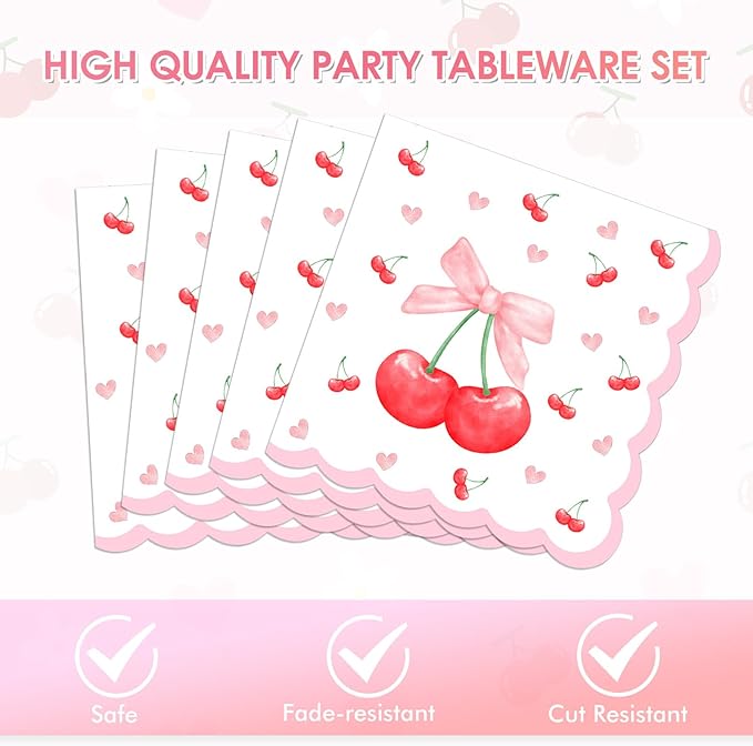40PCS Cherry Birthday Party Decorations - Disposable Tableware Cherry Party Supplies, Plate, Napkin for Fruit Girls/Summer Cherry Theme Birthday Baby Shower Table Decorations Fit 20 Guests