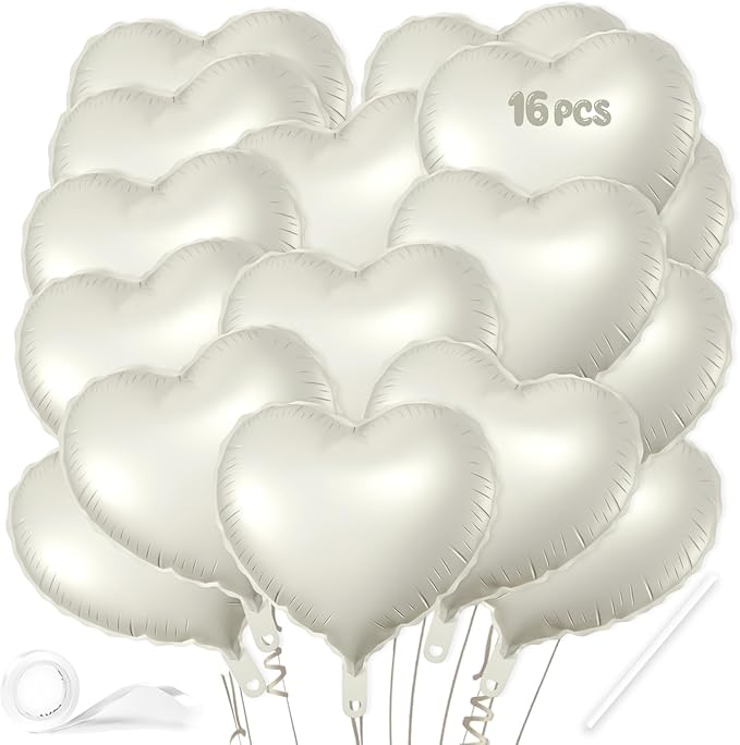 16 Pcs Heart Balloons, 18 White Sand Inch Love Heart Shaped Foil Balloons for Wedding Anniversary Birthday Party Valentine Decorations Baby Shower Bridal Shower Engagement Decorations Supplies