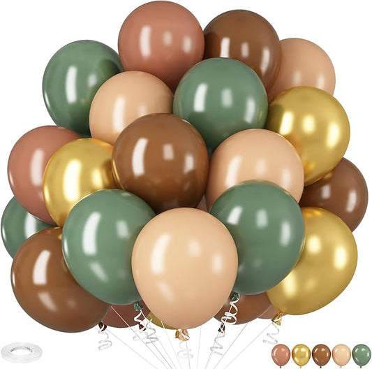 Sage Green and Brown Balloons, 12 Inch Olive Green Brown and Gold Jungle Safari Balloons for Baby Shower Camo Army Woodland Forest Hunting Wild One Birthday Party Decorations