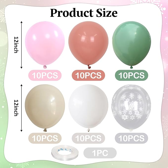 Pink and Green Balloons 60pcs, Sage Olive Green Dusty Blush Light Pink Sand White Balloon with Snowflake Balloons for Baby In Bloom Baby Shower Christmas Winter Wonderland Birthday Party Decorations