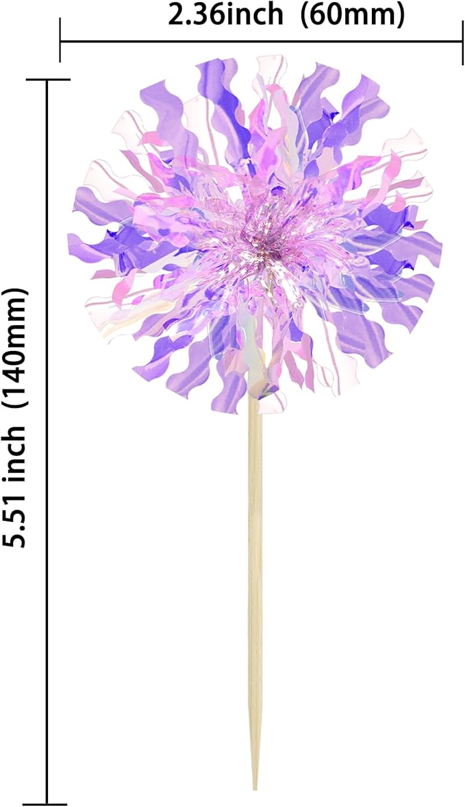 Ephlyn 30Pcs Foil Firework Cupcake Toppers Sparkle Tinsel Cupcake Picks Happy Birthday Cake Decorations Drink Stirrers Cocktail Food Fruit Toothpicks for Baby Shower Graduation Party Supplies Purple