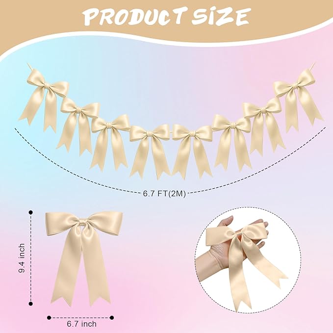 1 String of 8PCS Champange Bow Garland Banner Decoration,Pre-Strung Satin Ribbon Ornaments for Birthday,Bachelorette Party,Bridal Shower,Wedding,Engagement,Baby Shower,Graduation Decor,Anniversary