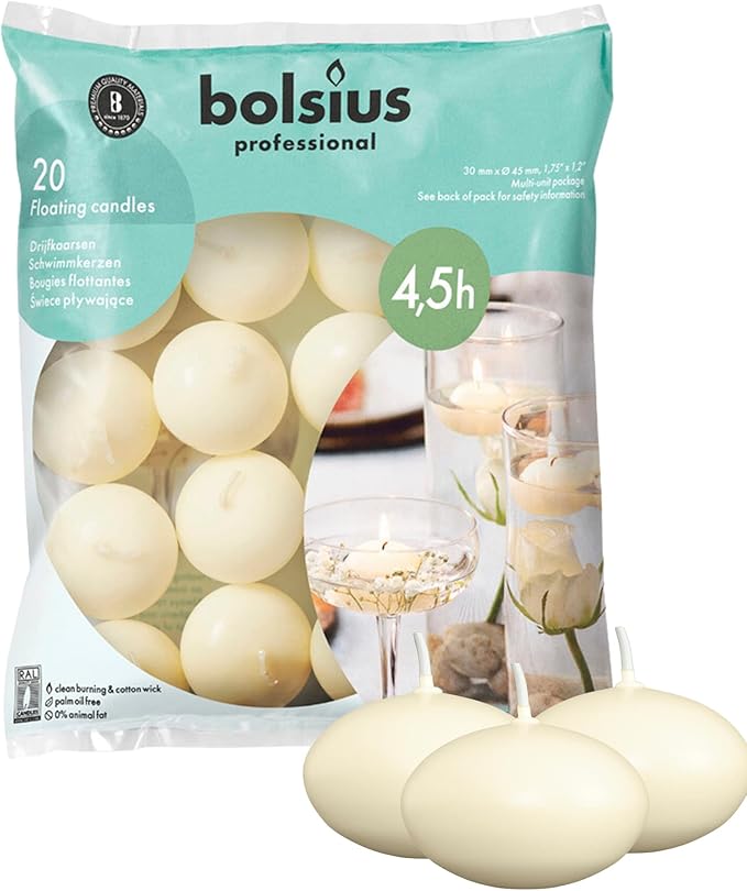 BOLSIUS Unscented Floating Candles - Pure Rich Creamy Ivory, 20 Set - Smokeless, European Quality - Imbue Breathtaking Ambiance for Romantic Wedding Centerpieces, Decorations, Events, Holiday Parties