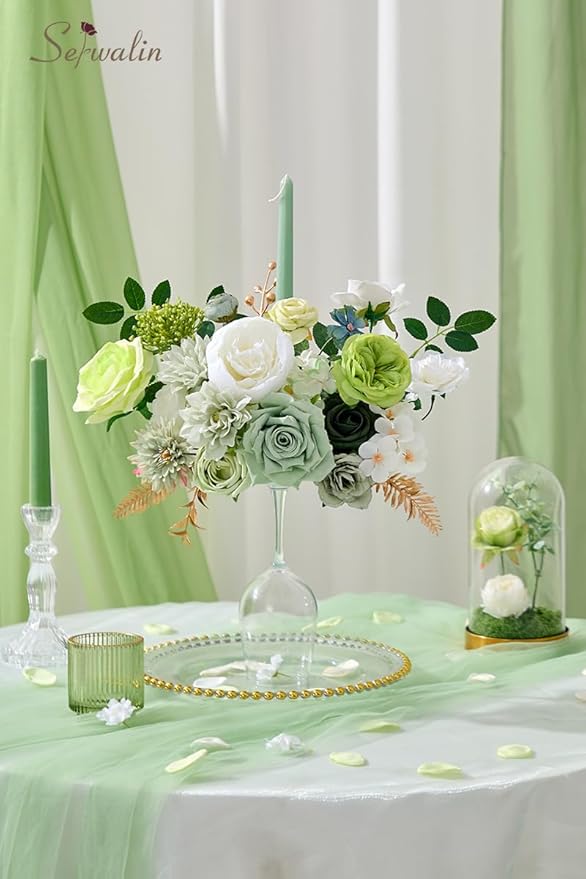 Serwalin Artificial Silk Flowers Green, Fake Flowers Stems for DIY Wedding Bouquets, Baby Shower Centerpieces, Cake Decor, Birthday Party & Home Decor