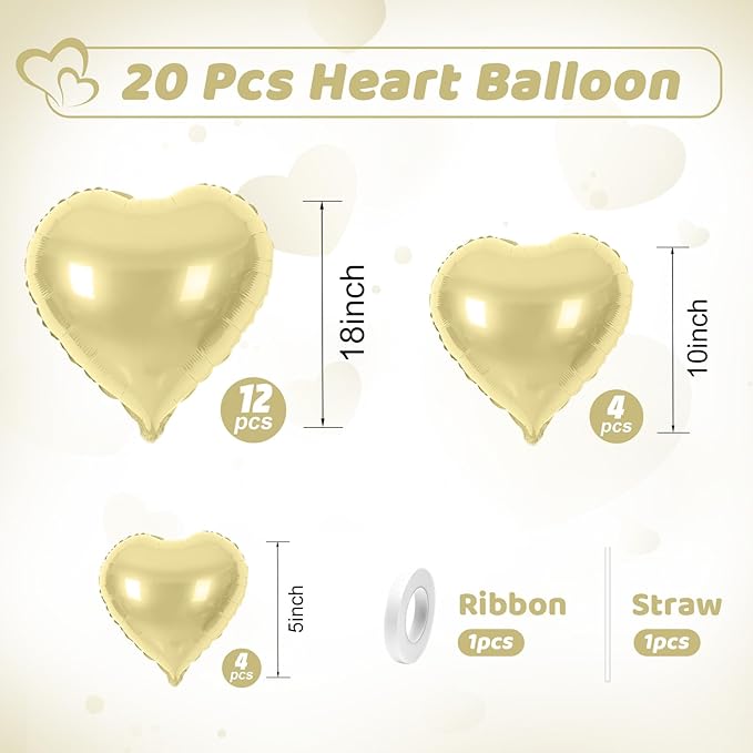 Champagne Gold Heart Balloons, Heart Shaped Ballons, 20 Pcs 5/10/18 inch Gold Foil Love Balloons for Valentine's Day Decorations Wedding Engagement Bridal Showers Anniversary Celebrations