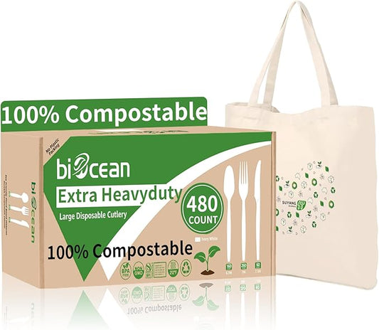 Extra Heavyduty Compostable Cutlery Set No Plastic Forks Spoons Knives Disposable Utensils Biodegradable Fork Eco Friendly Silverware Serving Flatware for Party,BBQ,Daily Use,Events,Picnic