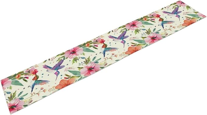Flowers Birds Spring Table Runner, Colorful Birds Branches Blue Floral Seasonal Kitchen Dining Table Decoration for Home Party Decor 13x60 in