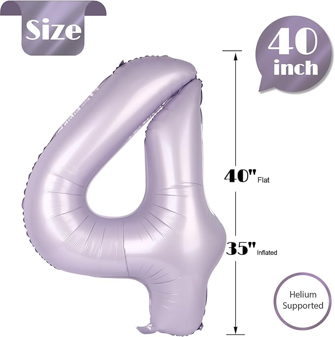 Lilac Number 4 Balloon 40 Inch, 4th Birthday Party Decorations for Children, Giant 4 Foil Balloon for Party Supplies