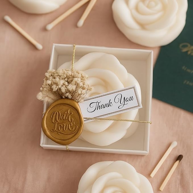 White Rose Petal Soy Wax Candles in Bulk – Rose Candle Wedding Favors for Guests, Personalized Candle Favors for Bridal Shower & Baby Shower Gifts – Dried Flower & Wax Seal Design (20 Pieces)
