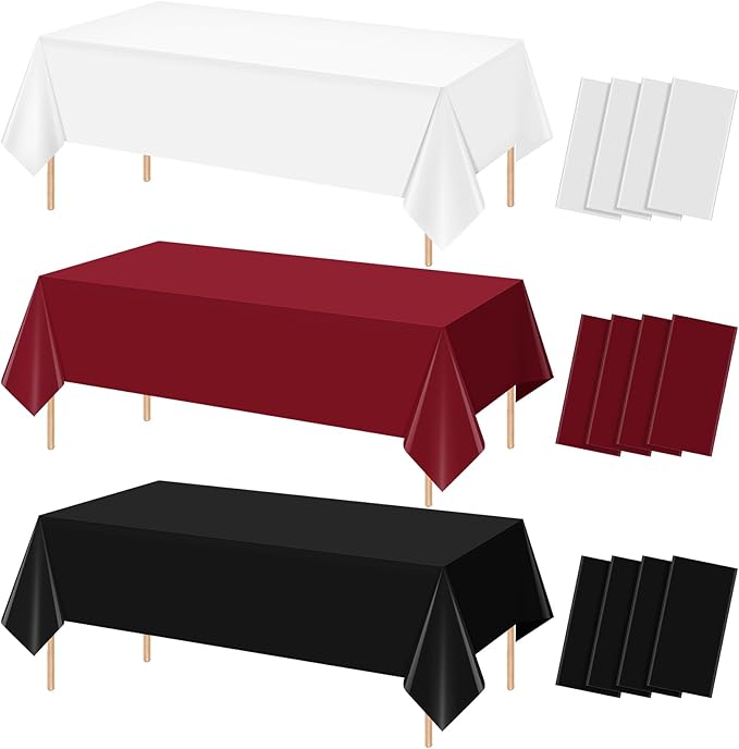 12 Pcs Maroon Black White Plastic Tablecloths Bulk,54 x 108 Inch Disposable Rectangle Party Table Cloth Waterproof Table Cover for Birthday Wedding Anniversary Graduation Party Decorations Supplies