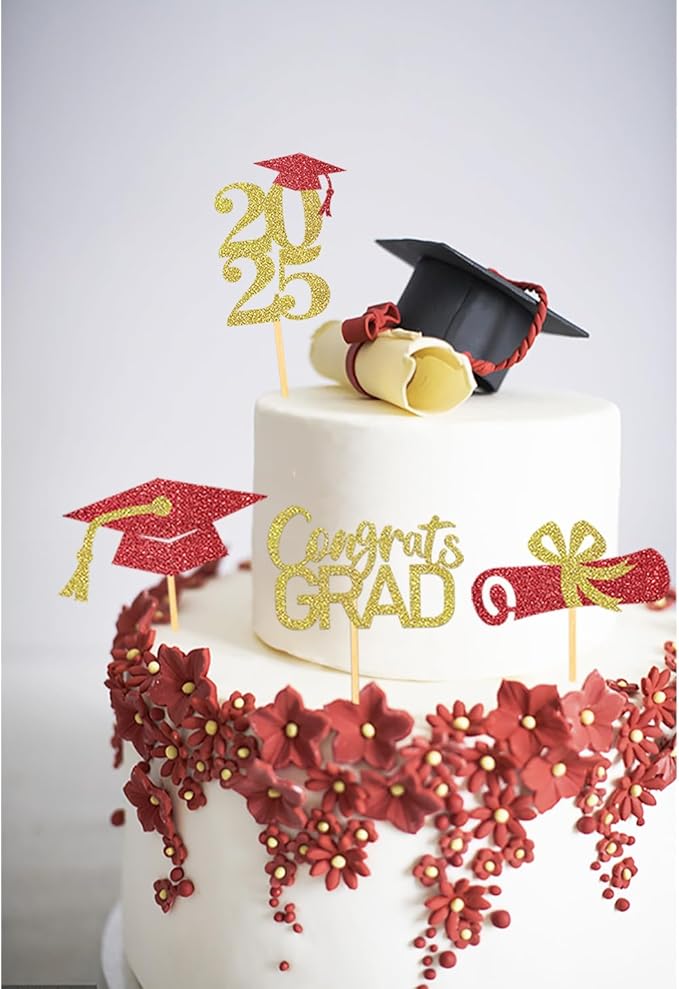 24Pcs Graduation Cupcake Toppers, Graduation Cupcake Picks for Cupcake Food Decorations - Class of 2025 Cupcake Toppers Supplies (Red Gold)