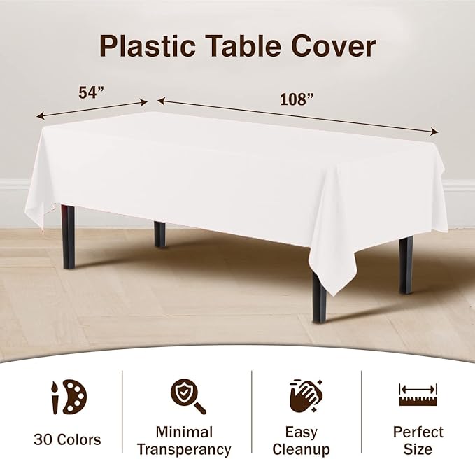 Party Solids 6-Pack Premium Plastic Tablecloth 54in. x 108in. Rectangle Plastic Table Cover - White