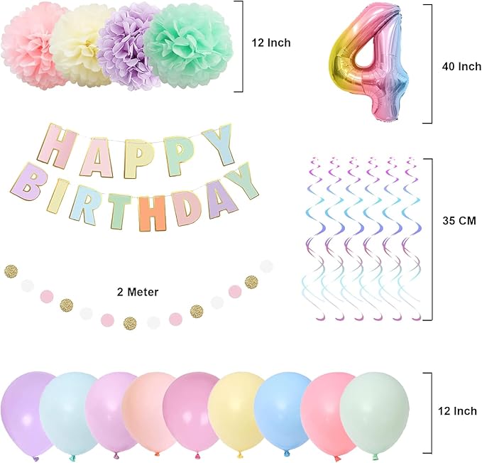 BRT Bearingshui 4th Birthday Decorations - 40 Inch Rainbow Gradient Number 4 Balloon, Happy Birthday Banner, Children's Party Supplies for Kids