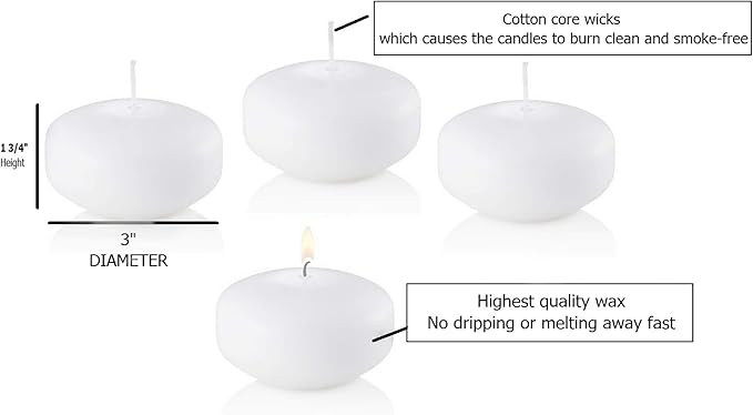 D'light Online 3 Inch Extra Large Floating Candles, 13 Hours Extended Burn Time Bulk Pack for Events for Weddings, Spa, Home Decor, Special Occasions and Holiday Decorations (Set of 54, White)