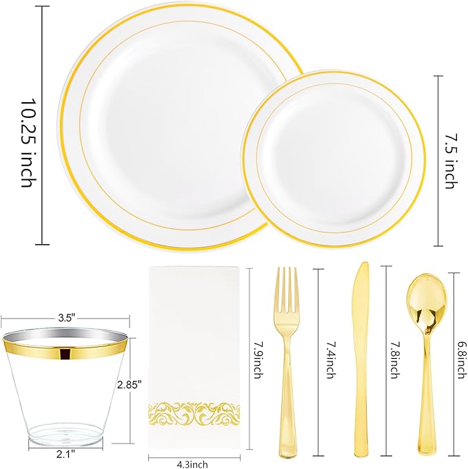 bUCLA 350PCS White and Gold Plastic Plates - Gold Disposable Dinnerware for Include 50 Dinner/Dessert Plates, 50 Forks, 50 Knives, 50 Spoons, 50 Cups & 50 Napkins for Party & Thanksgiving
