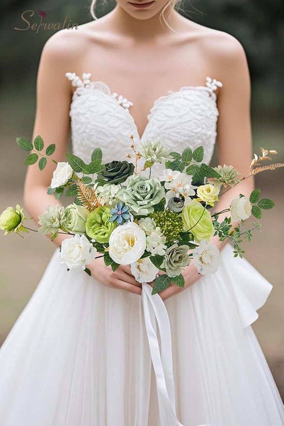 Serwalin Artificial Silk Flowers Green, Fake Flowers Stems for DIY Wedding Bouquets, Baby Shower Centerpieces, Cake Decor, Birthday Party & Home Decor