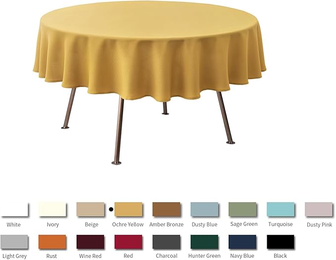 maxmill Round Textured Tablecloth Spill-Proof Wrinkle Free Soft Jacquard Table Cloth for Circular Table Cover, for Dining Room Buffet Banquet Parties Holiday Dinner, 70 Inch, Ochre Yellow