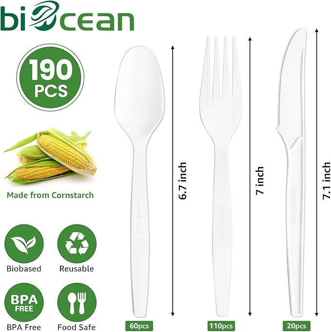 Extra Heavyduty Compostable Cutlery Set - 190 Count Large Disposable Utensils No Plastic Forks Spoons Knives Biodegradable Fork Eco Friendly Silverware for Party,BBQ,Daily Use,Events,Picnic