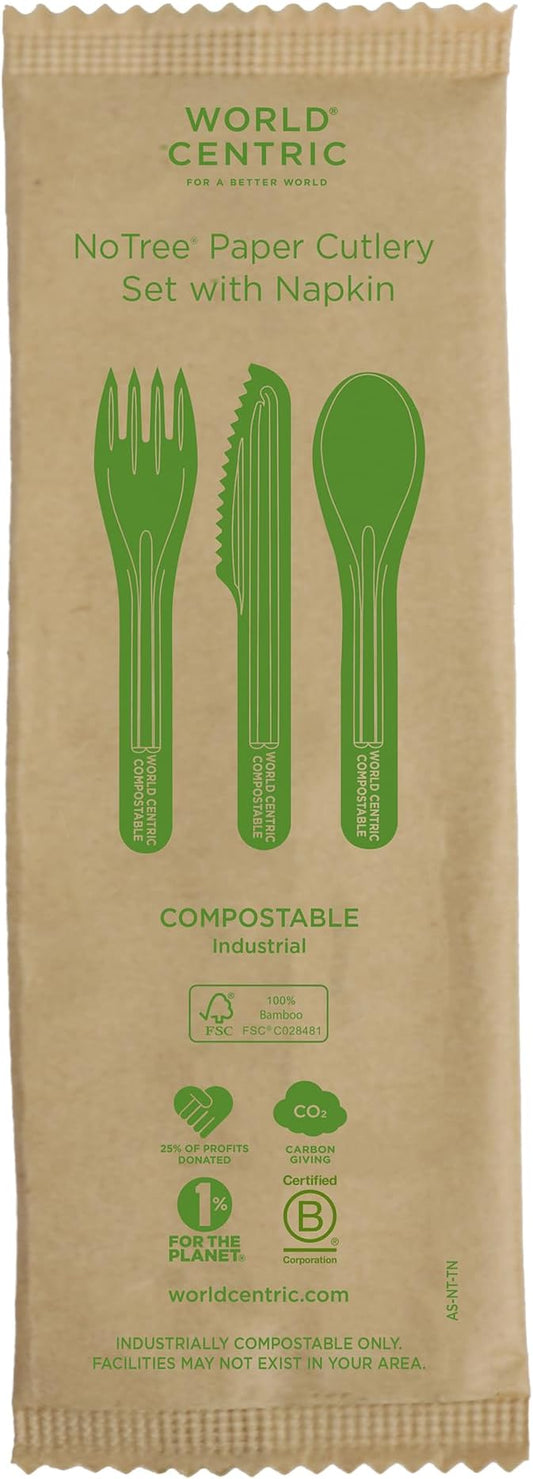 World Centric Compostable NoTree 6" Assorted Paper Cutlery with Napkin - FSC Certified with a Heat-Tolerant Coating - 250 Pack