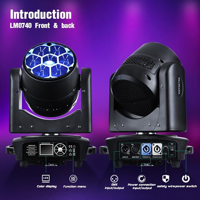 BETOPPER LM0740 Moving Head Light 7x40W RGBW Beam/Wash/Zoom/CTO Effect Bee Eye LED Stage Lighting Spot Lights with Sound Activated for DJs, Bars, Christmas, and Home Party Lighting,1 Pack