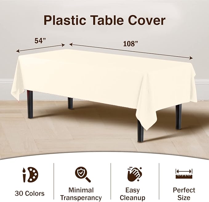 Party Solids 6-Pack Premium Plastic Tablecloth 54in. x 108in. Rectangle Plastic Table Cover - Ivory