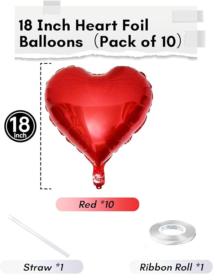 Red Heart Balloons, 18 Inch Metallic Red Foil Balloon Helium 10Pcs Large Ruby Heart Shape Foil Balloons for Wedding Girls Women Birthday Anniversary Bachelorette Valentines Day Baby Shower Mother Day