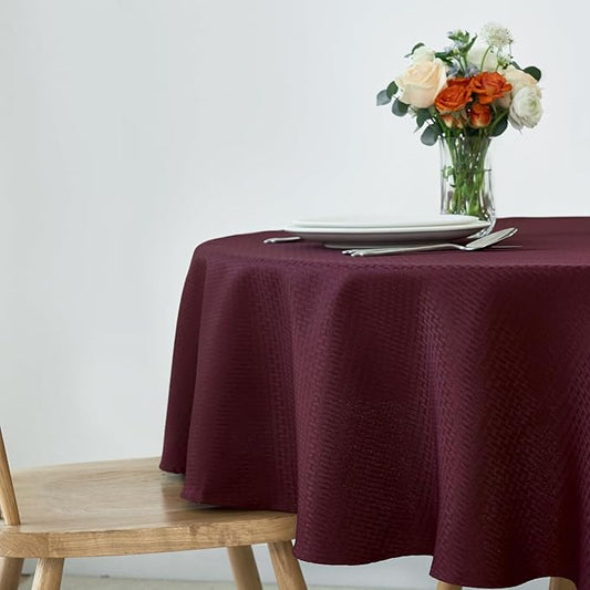 maxmill Round Weaved Texture Design Tablecloth Spill-Proof Wrinkle Free Soft Washable Table Cloth for Circular Table Cover, for Dining Room Buffet Banquet Parties Holiday Dinner, 70 Inch Burgundy