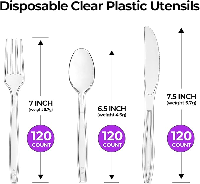 360 Count Clear Plastic Forks Spoons Knives Bulk Heavy Duty Plastic Silverware Disposable Cutlery Set Thick Durable Party Utensils for Dinner,Daily Use,Picnic