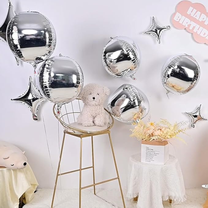 Silver Foil Balloons, 22in Large Foil Silver Balloons Metallic 4D Round Mirror Balloon for Wedding Baby Shower Birthday Graduation New Year Party Decorations