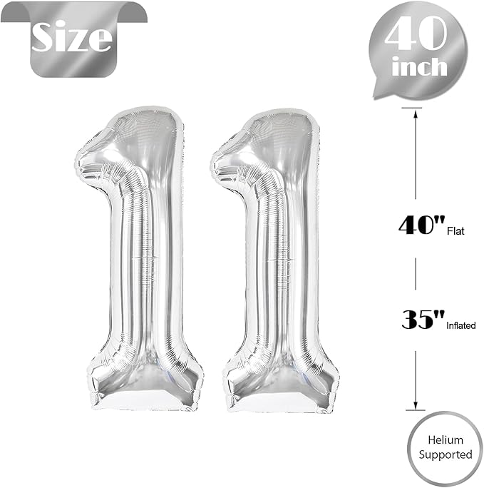 Silver Number 11 Balloon 40 Inch, 11th Birthday Party Decorations for Children, Giant 11 Foil Balloon for Party Supplies