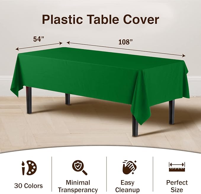 Party Solids 6-Pack Premium Plastic Tablecloth 54in. x 108in. Rectangle Plastic Table Cover - Emerald Green