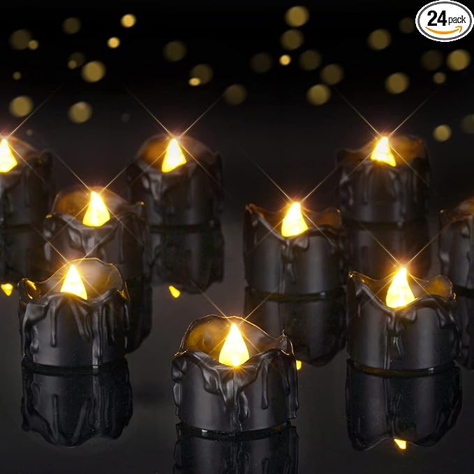 Homemory 24-Pack Halloween Black Dripping Flameless Tea Lights, Battery Operated Flickering LED Candles, Safe for Pumpkins, Party & Holiday Decor, 1.58" D x 1.2" H, Warm White Glow