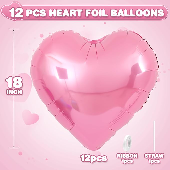 Pink Heart Balloons,12Pcs Light Pink Heart Shaped Foil Balloons,18Inch Pearl Pink Helium Polyester Film Balloon for Birthday Baby Shower Anniversary Wedding Party Decorations