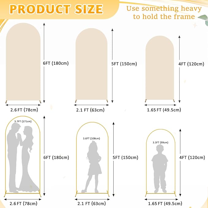 Arch Backdrop Stand and Cover Set 4&5&6ft Beige Arch Cover Set of 3 Metal Arches Backdrop Stand Wedding Arched Frame Gold Arched Backdrops Stand with Covers for Wedding Party Ceremony Decor