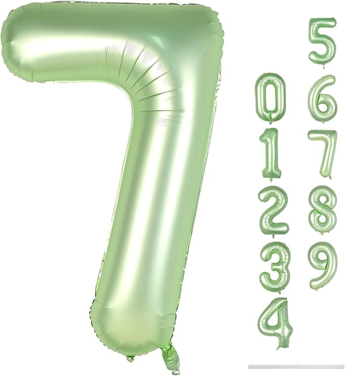 Sage Green Foil Balloon Number 7, 40'' Giant Self Inflating Number Balloons Set 0-9, Large Olive Green Number 7 Helium Balloon for Girls Boys 7th Birthday Jungle Safari Party Decorations Supplies